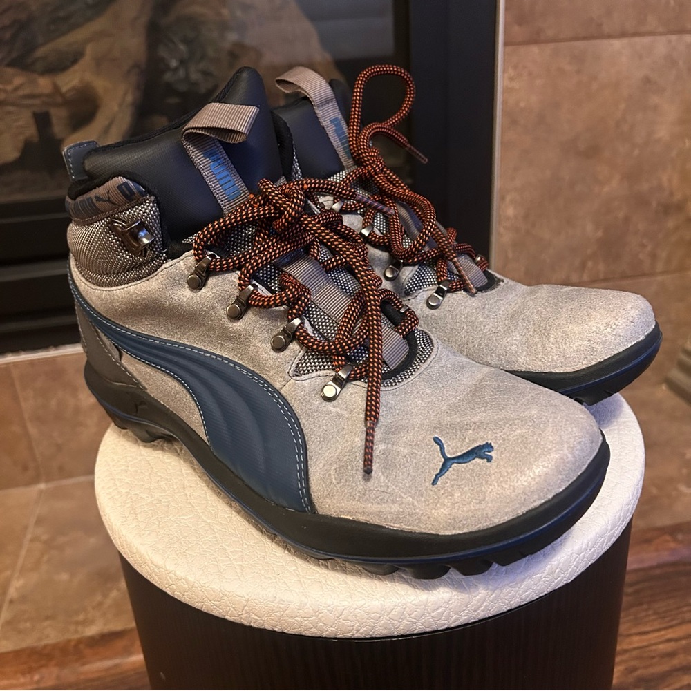 Puma Women’s Obstruct Mid Lace Up Gray and Blue Leather Hiking Boots Size 7.5
